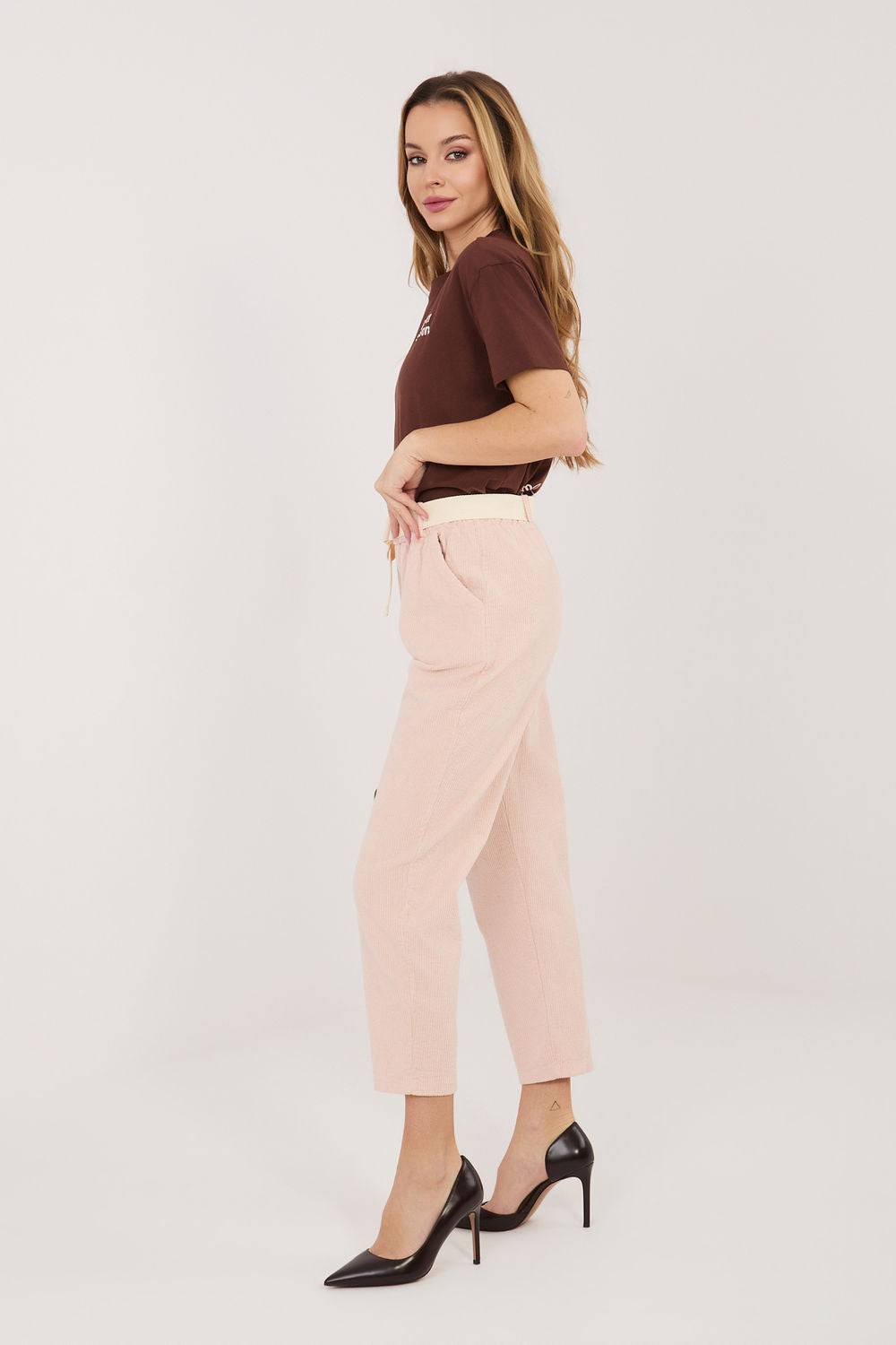 Italy Moda Light Pink Cotton Corduroy Trousers - view 2