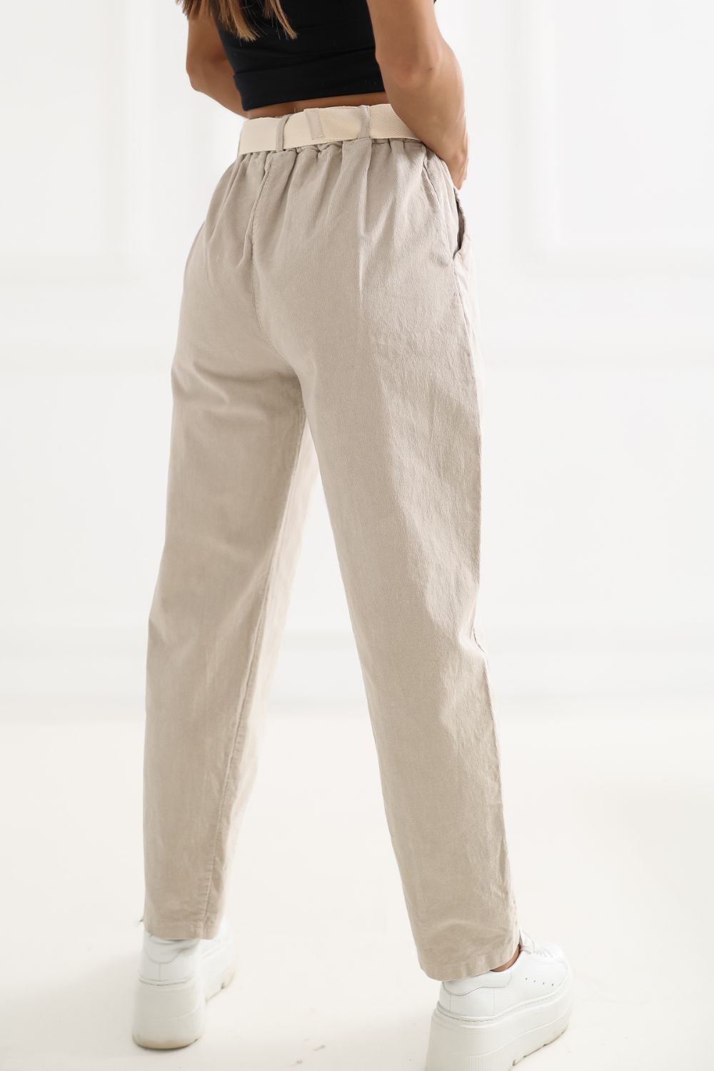 Italy Moda Beige High Waisted Cotton Corduroy Trousers with Belt - view 3