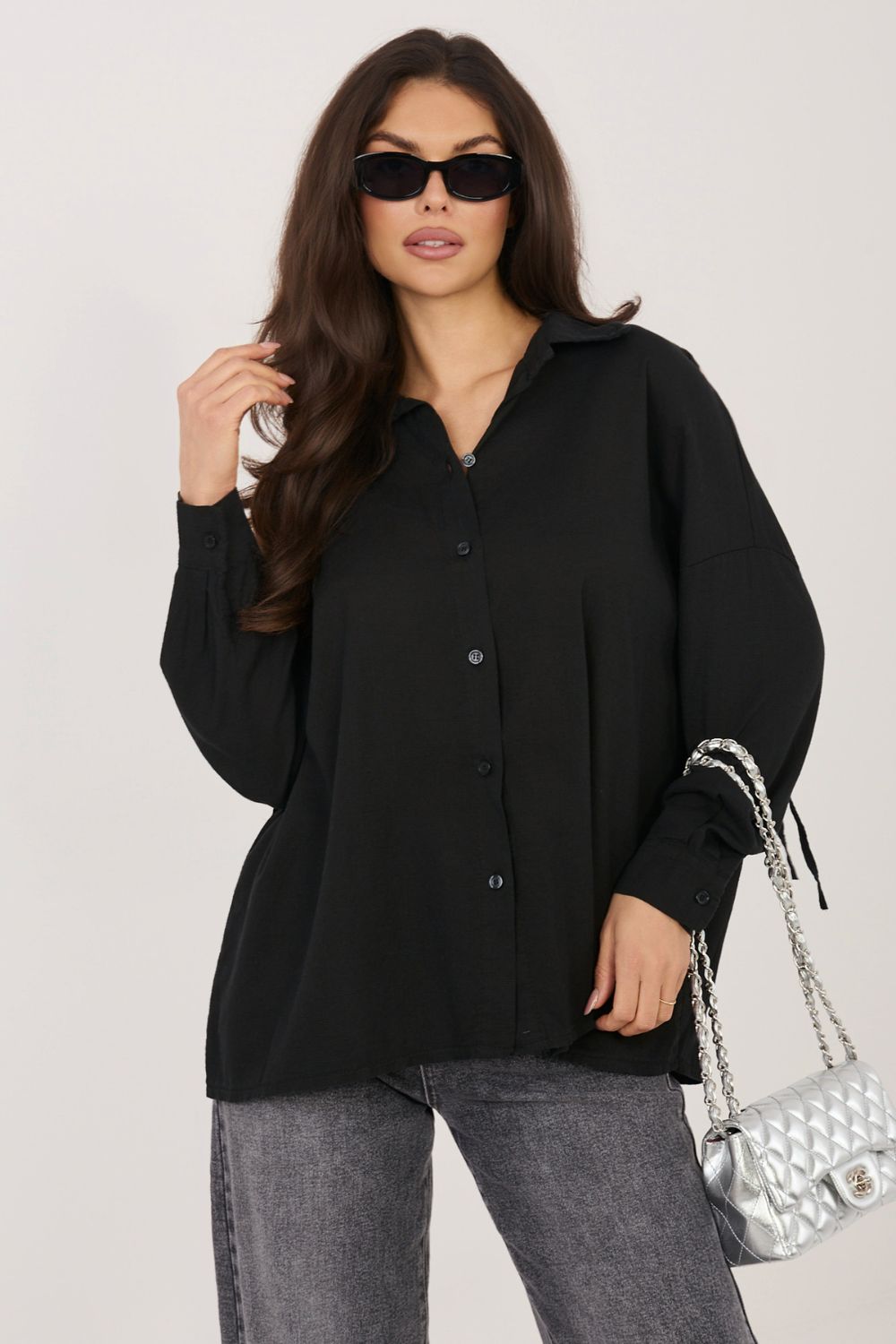 Italy Moda Black Linen Cotton Long Sleeve Top - view 4