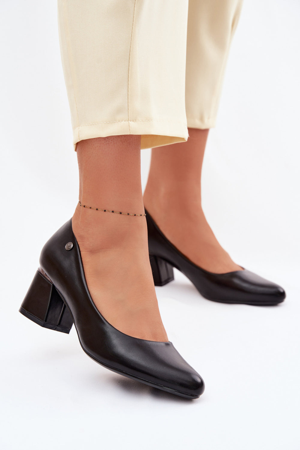 Step In Style Vinceza Black Faux Leather Block Heel Court Shoes