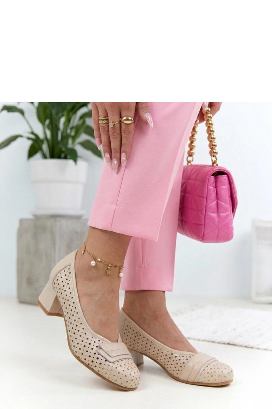 Solea Cambell Beige Leather Block Heel Court Shoes