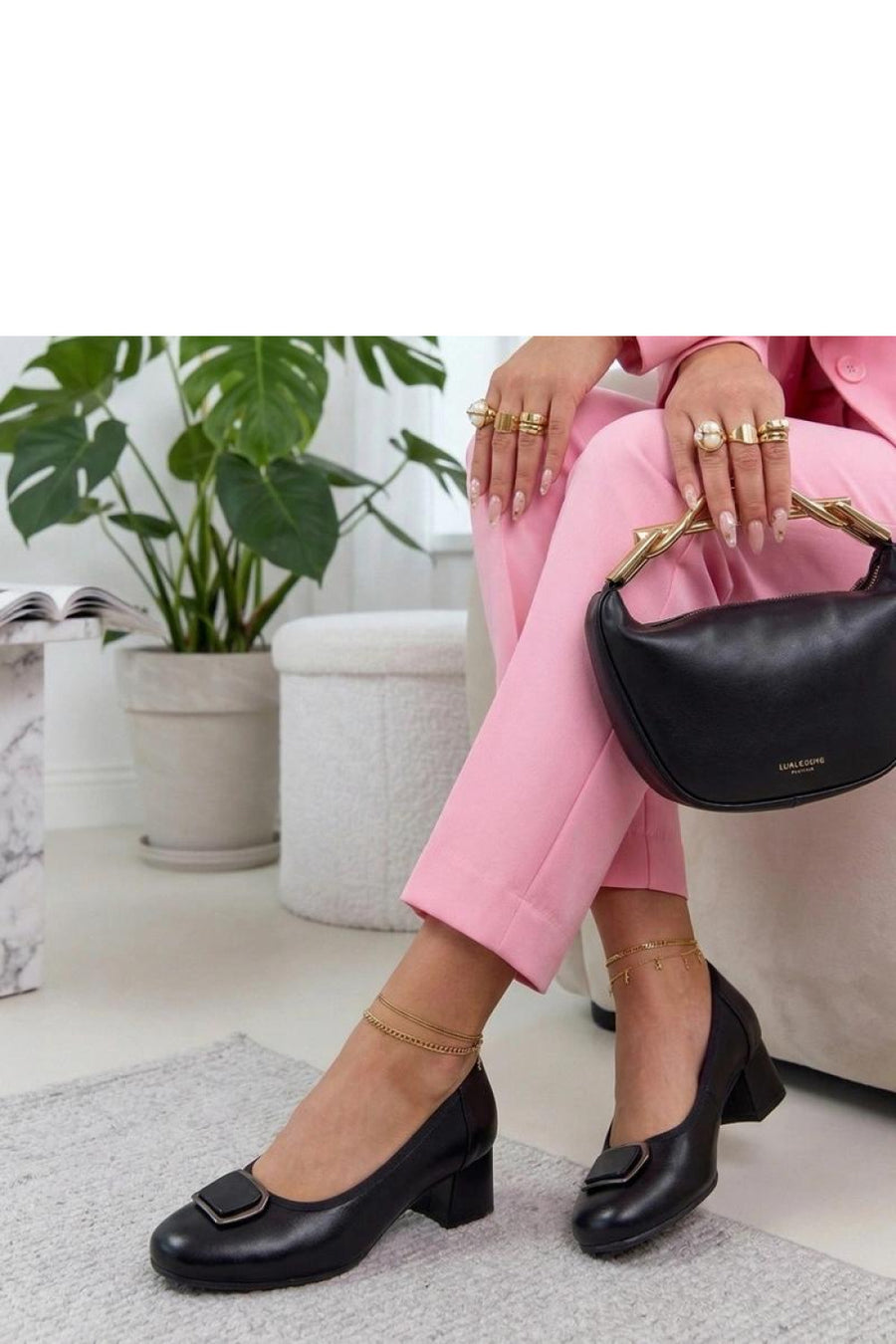 Solea Cambel Black Leather Block Heel Court Shoes