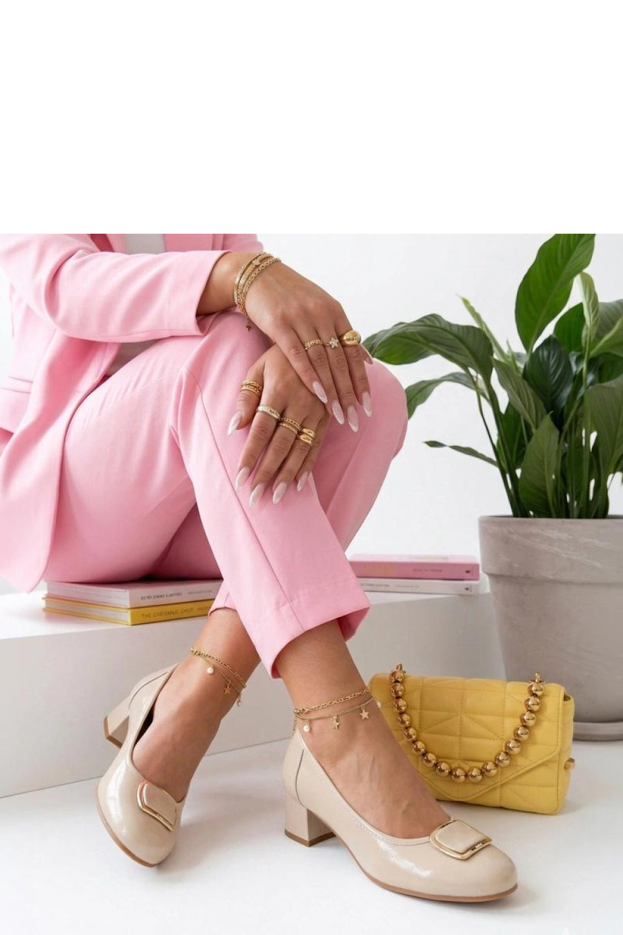 Solea Cambell Beige Patent Block Heel Court Shoes with Round Toe