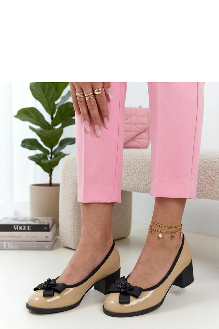 Solea Cambell Beige Patent Block Heel Court Shoes