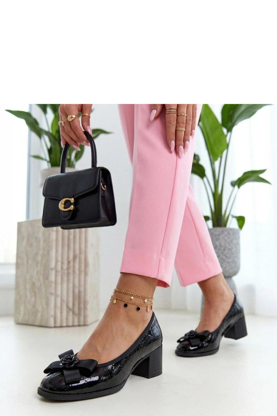 Solea Cambell Black Patent Block Heel Court Shoes