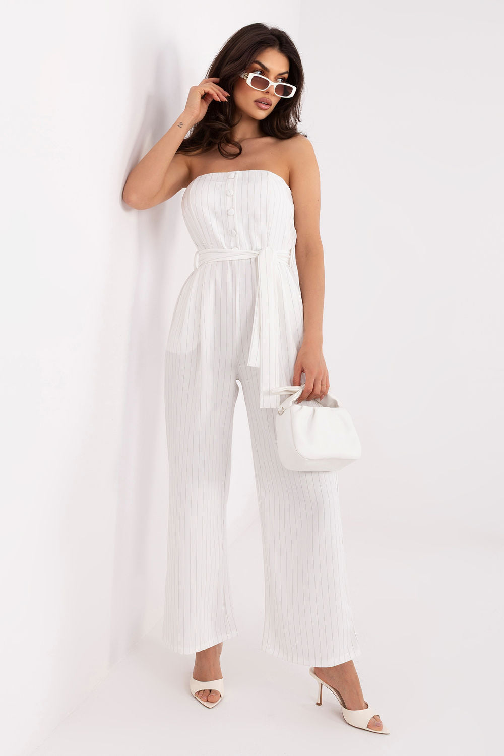 Italy Moda Ecru Striped Pleated Jumpsuit