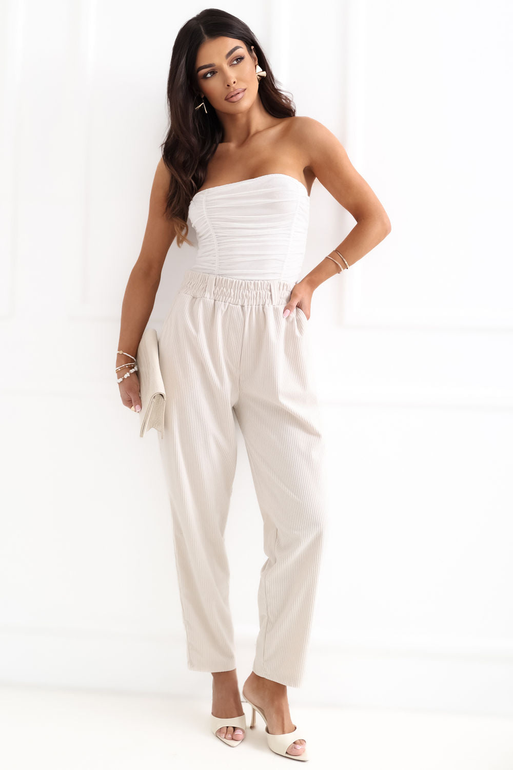 Rue Paris Light Beige High Waisted Corduroy Trousers
