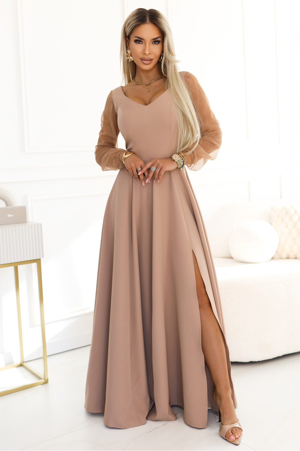 Numoco Loretta Beige Bodycon V-Neck Maxi Dress