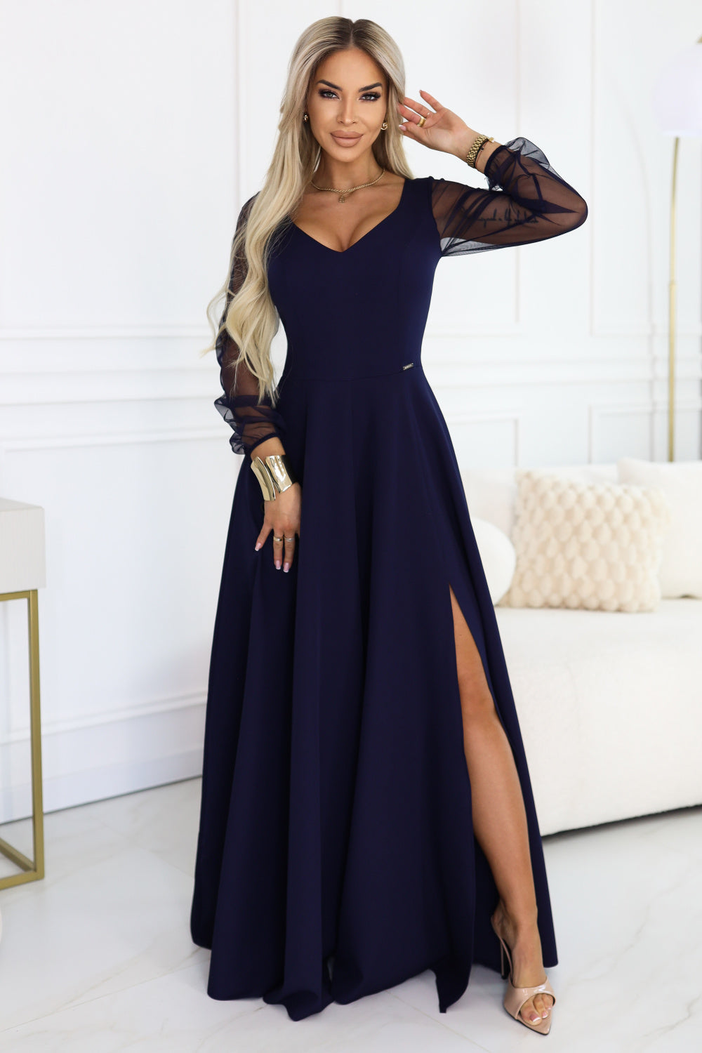Numoco Loretta Navy Mesh Flared Maxi Dress