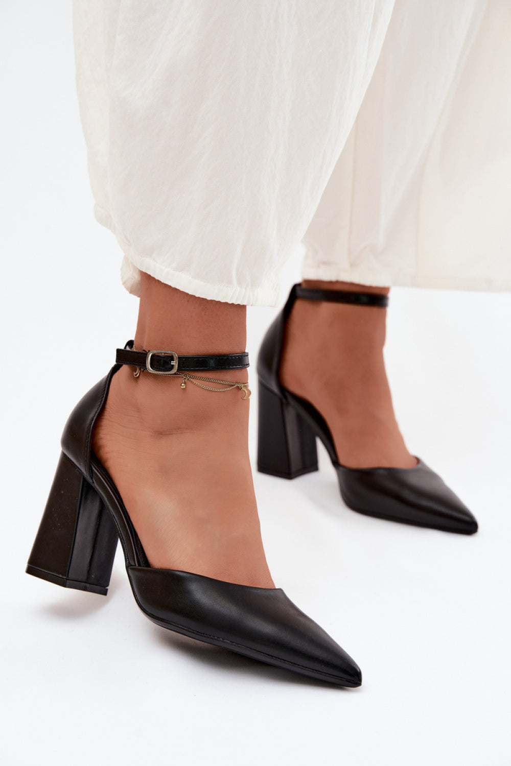 Step In Style Selvra Black Faux Leather Block Heel Court Shoes