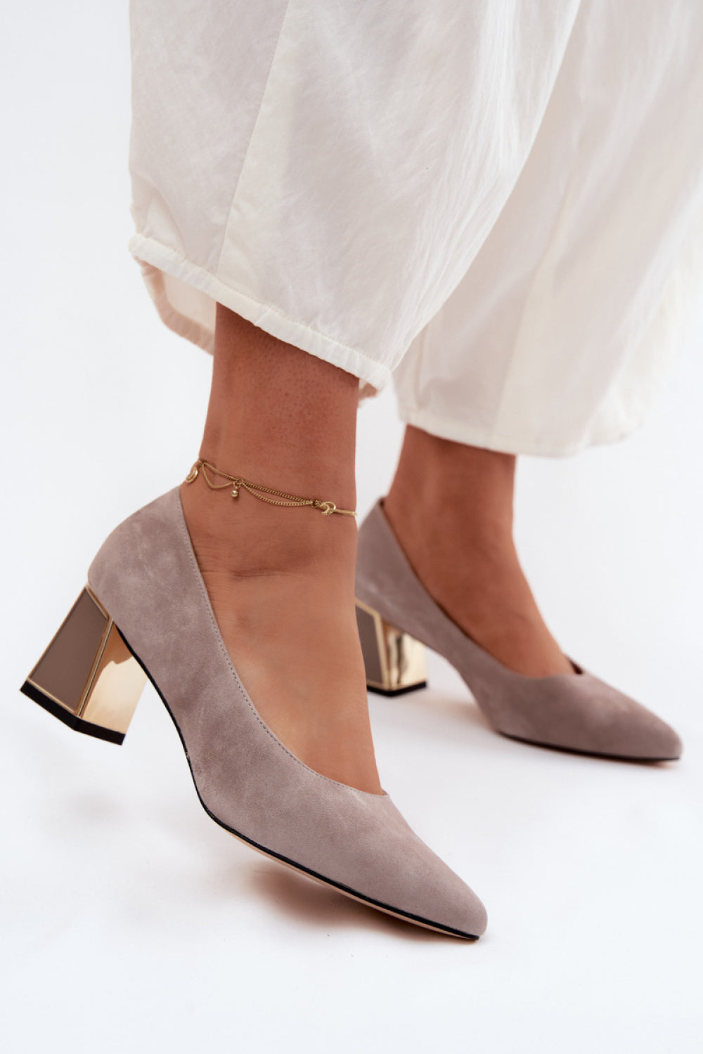 Step In Style Vinceza Beige Suede Block Heel Court Shoes