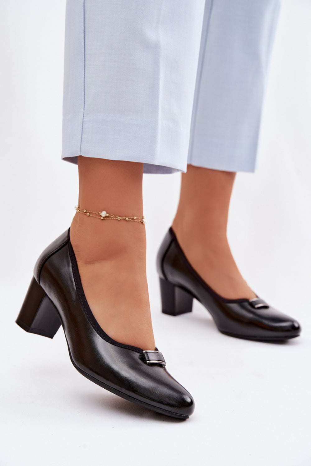 Step In Style Vinceza Black Faux Leather Block Heel Court Shoes