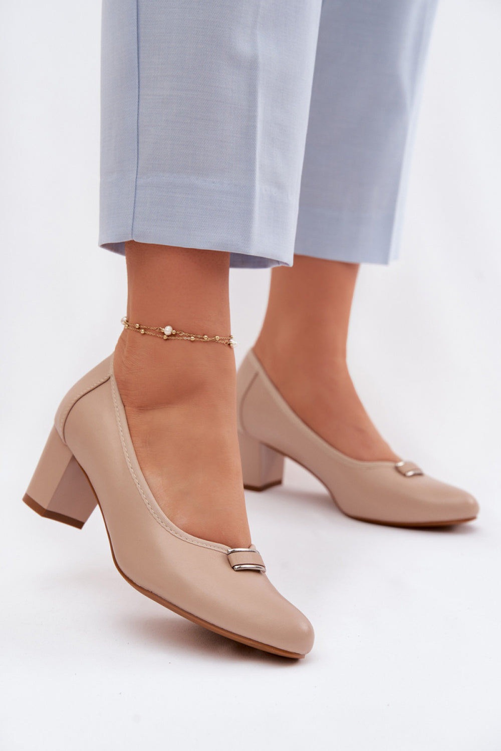 Step In Style Vinceza Beige Faux Leather Block Heel Court Shoes