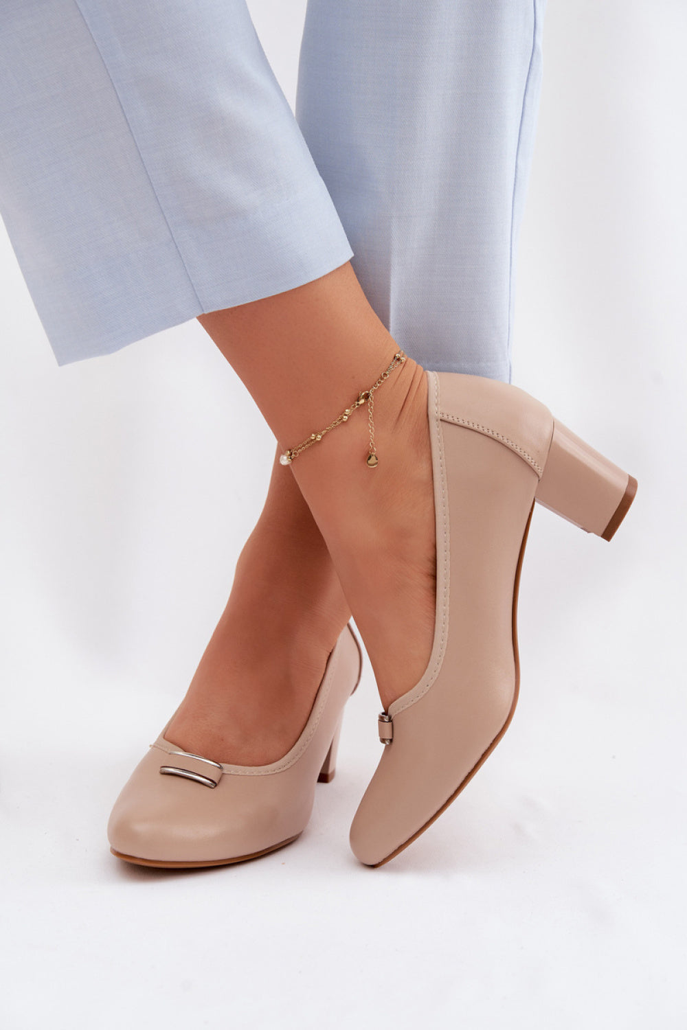 Step In Style Vinceza Beige Faux Leather Block Heel Court Shoes - view 3