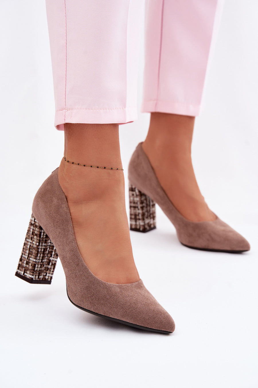 Step In Style Sergio Leone Light Brown Faux Suede Block Heel Court Shoes