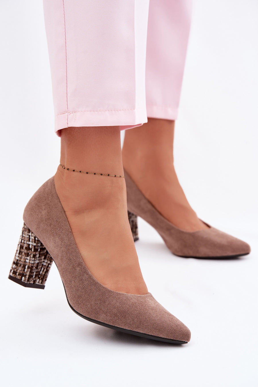 Step In Style Sergio Leone Light Brown Faux Suede Block Heel Court Shoes with Pointed Toe