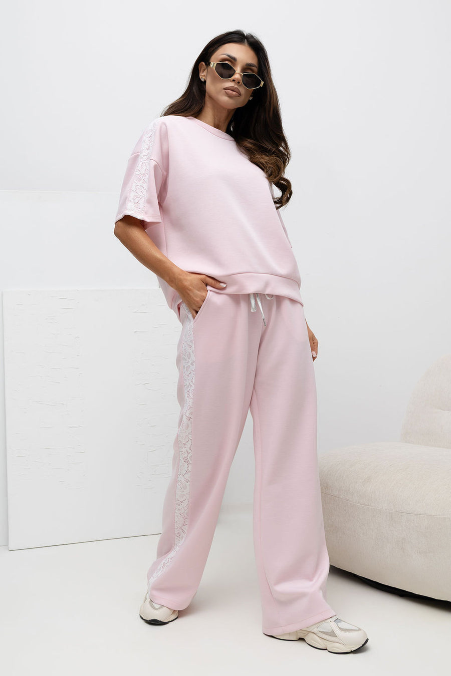 Factory Price Light Pink Lace Striped Blouse