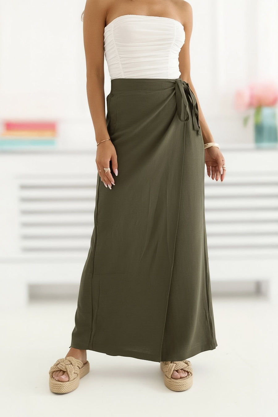 Factory Price Khaki Wide Leg High Waisted Trousers