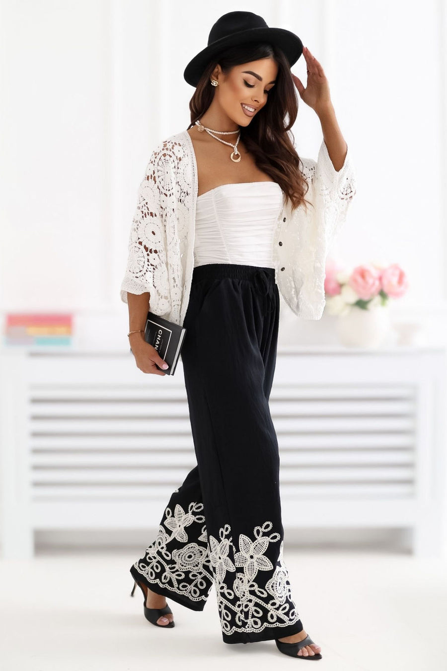 Factory Price Black Draped Wide Leg High Waisted Trousers