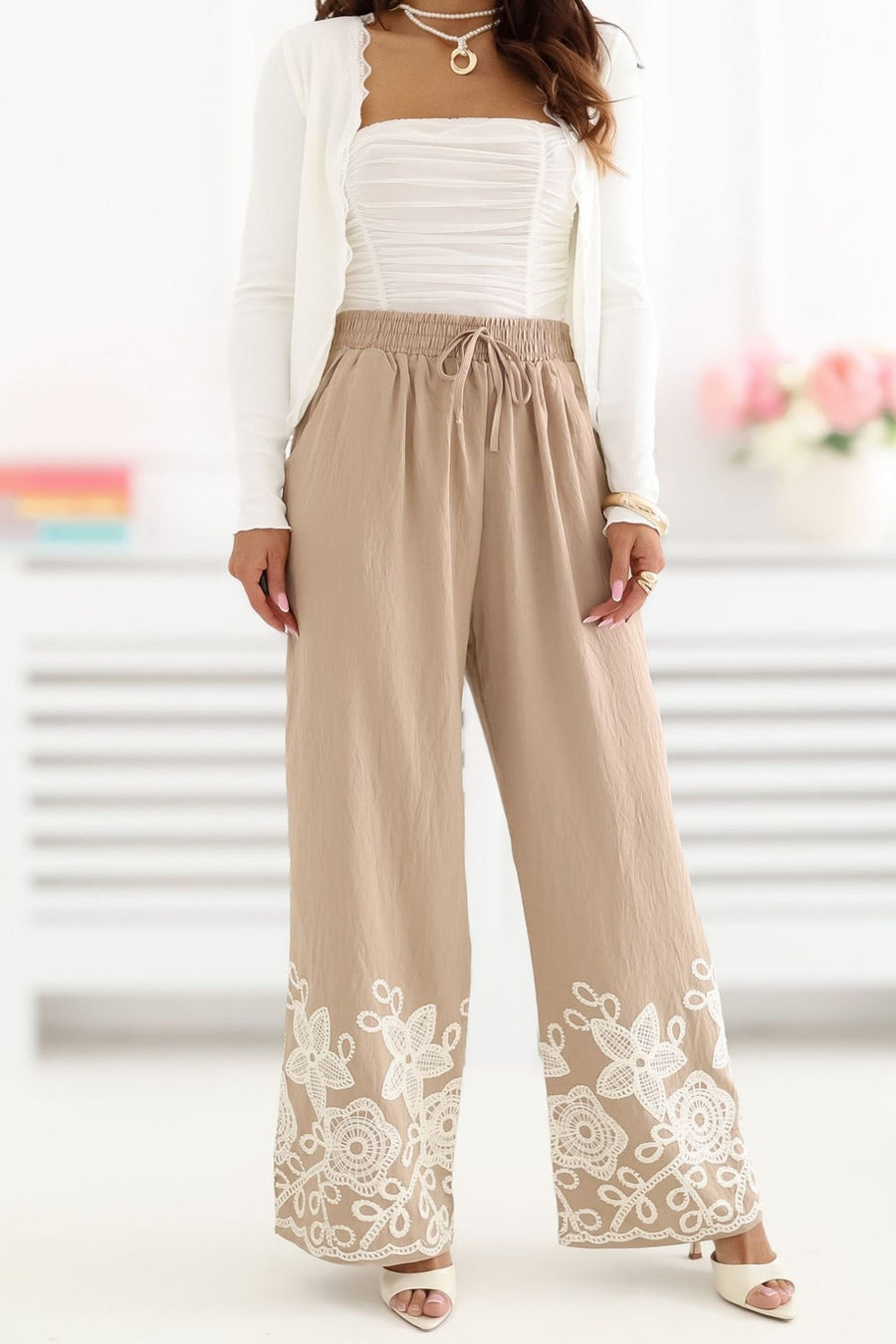 Factory Price Dark Beige Wide Leg High Waisted Trousers