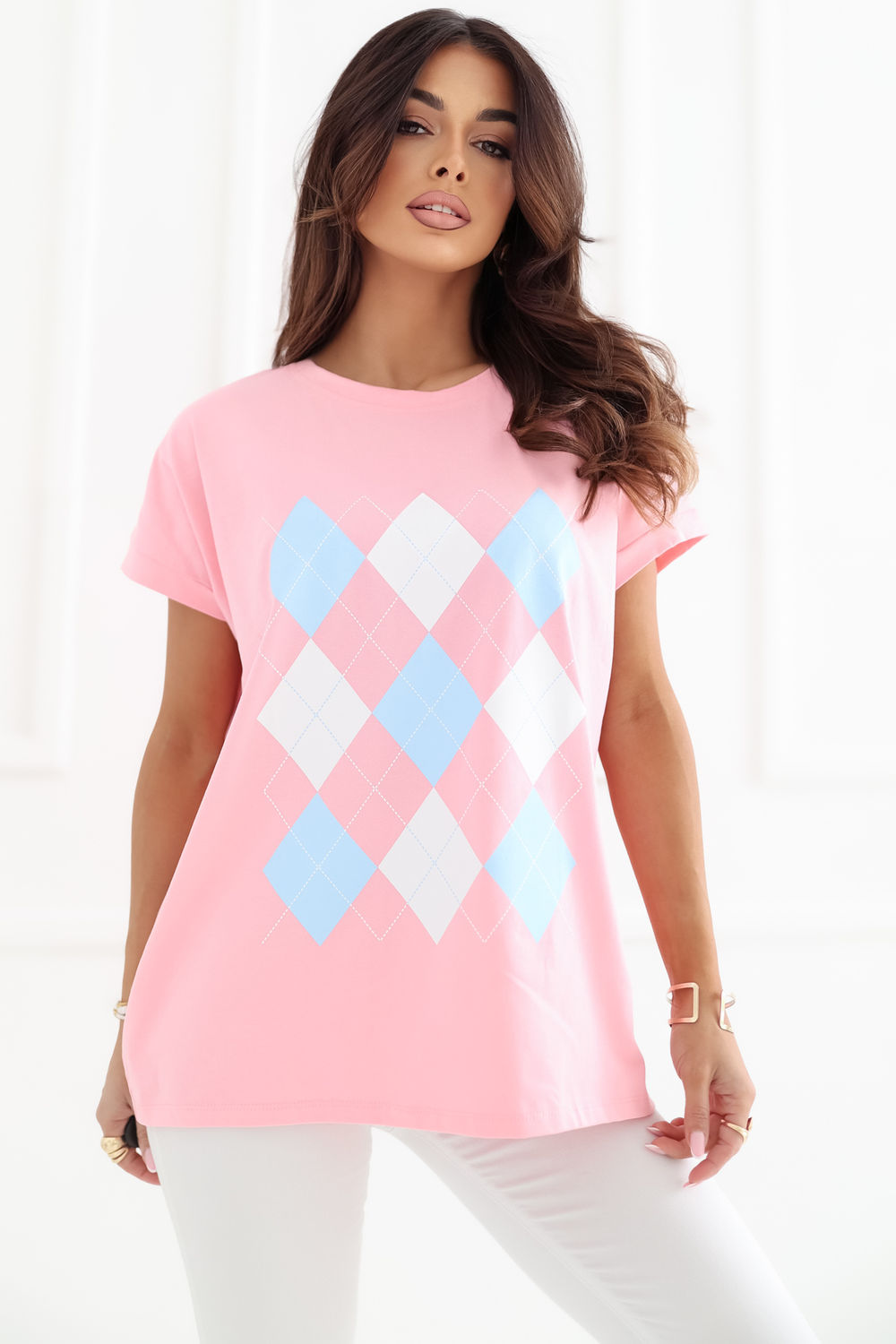 Relevance Light Pink Round Neck Short Sleeve Cotton Blouse