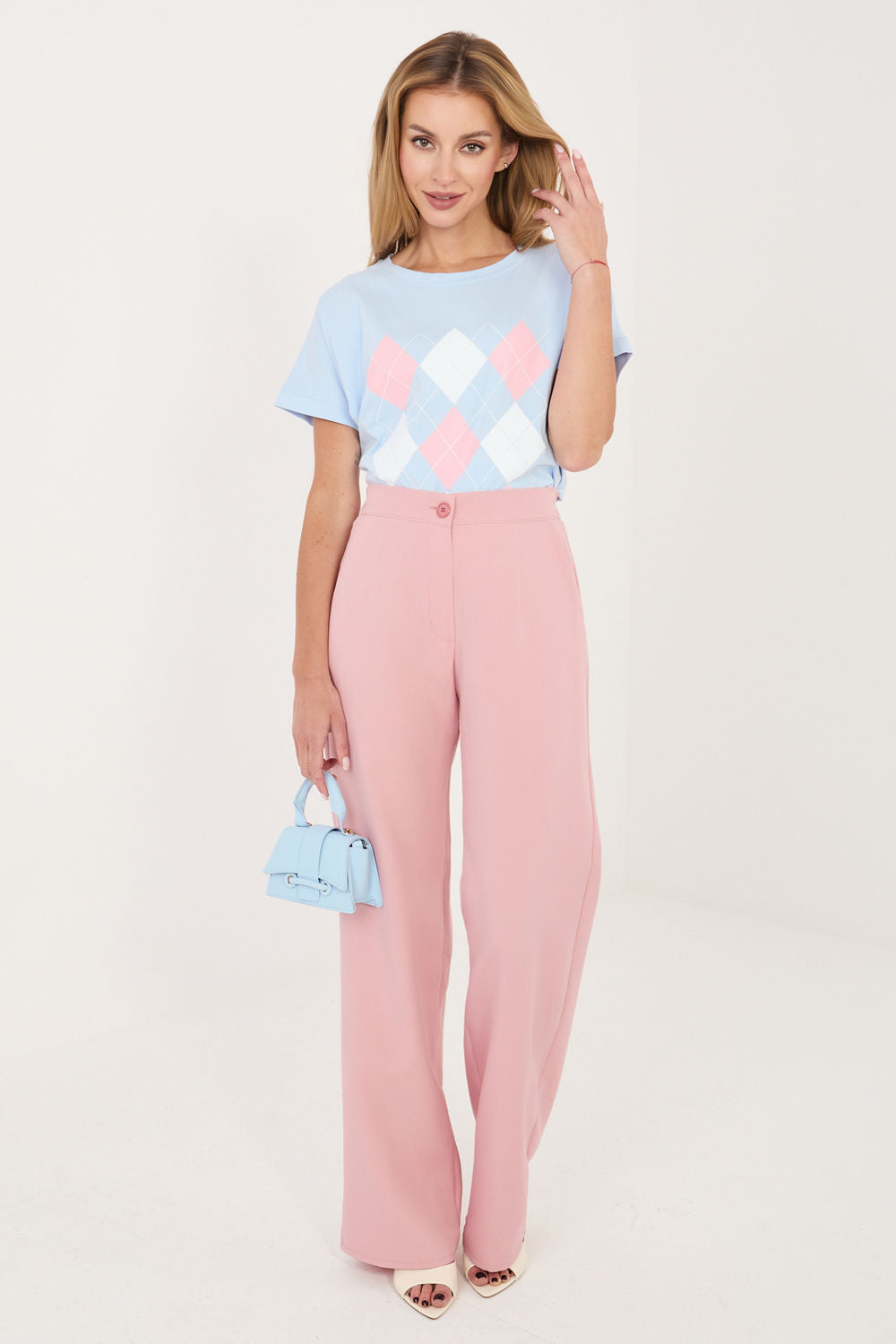 Relevance Light Blue Round Neck Short Sleeve Cotton Blouse - view 2