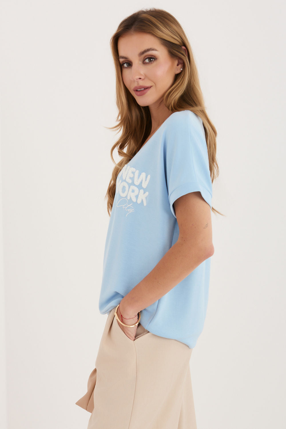 Relevance Light Blue V-Neck Short Sleeve Blouse - view 2