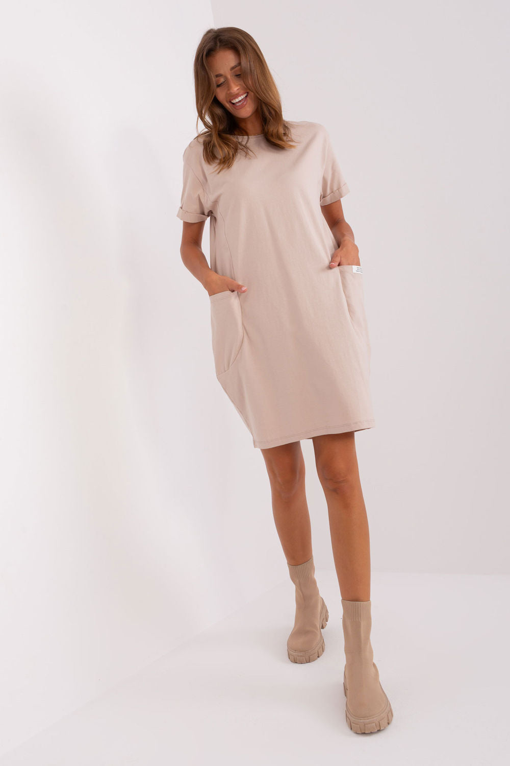 Rue Paris Beige Round Neck Short Sleeve Dress - view 2