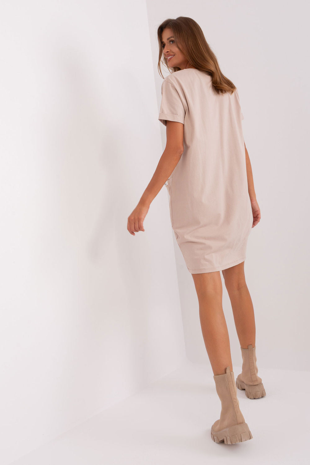 Rue Paris Beige Round Neck Short Sleeve Dress - view 3