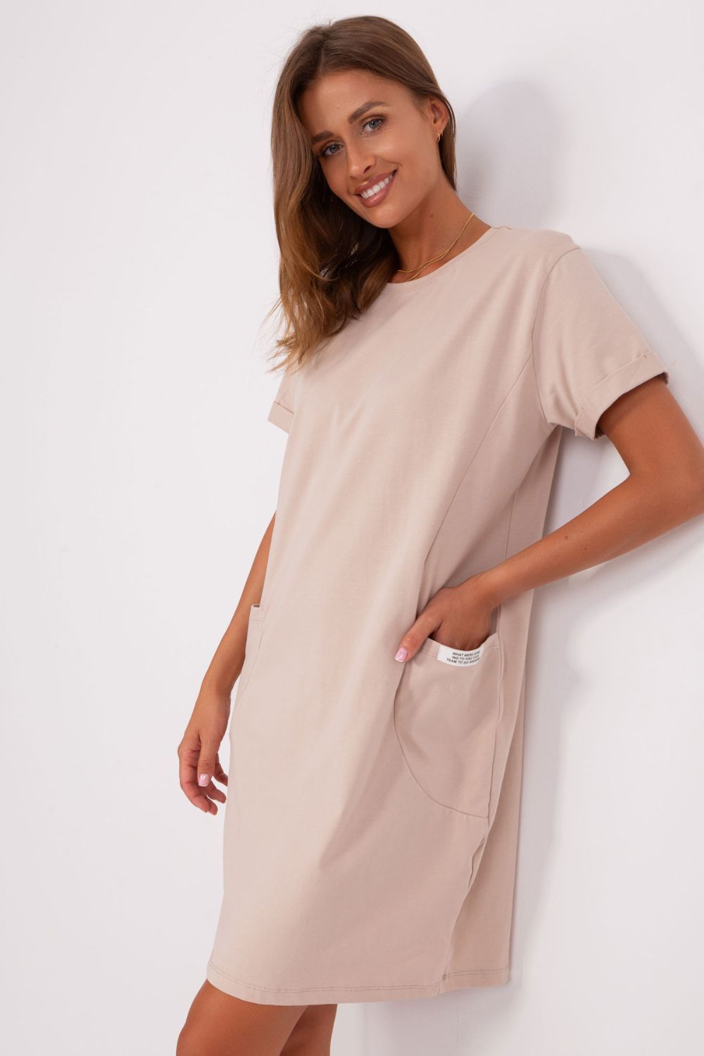Rue Paris Beige Round Neck Short Sleeve Dress - view 5