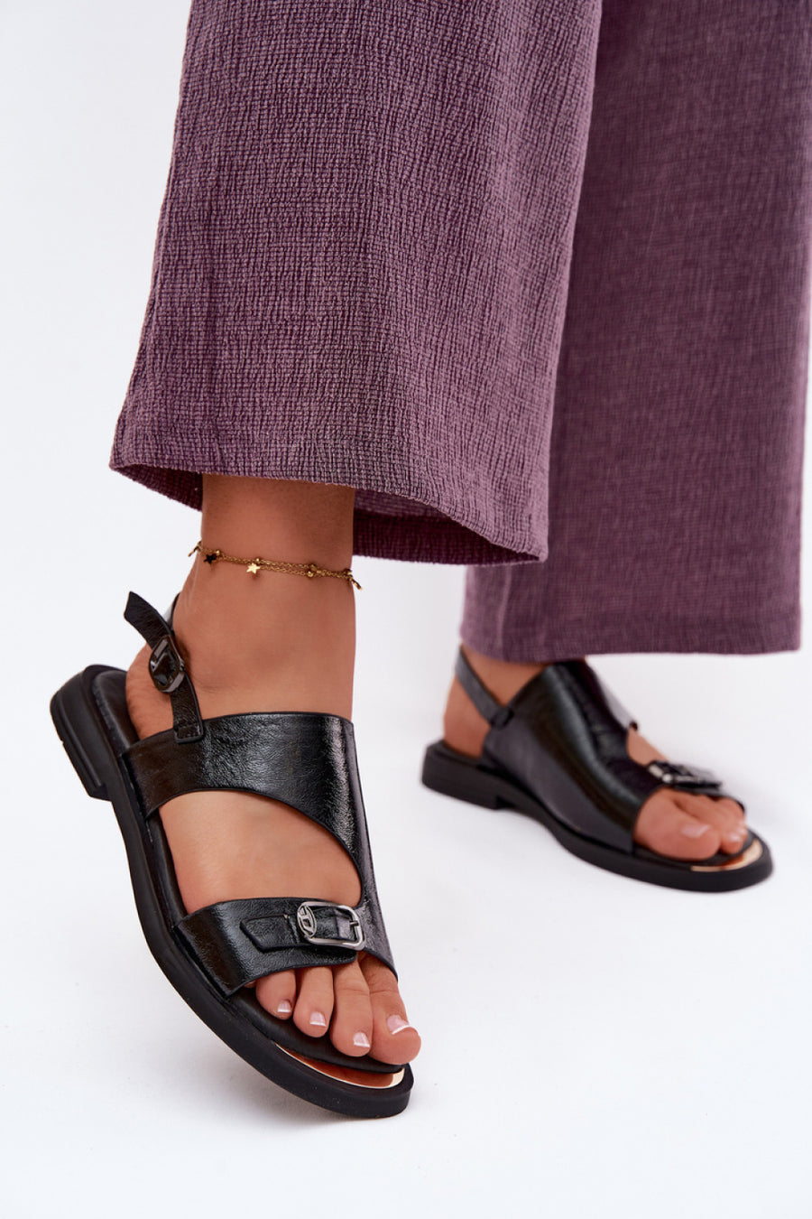 Step In Style Vinceza Black Leather Flat Sandals with Buckle