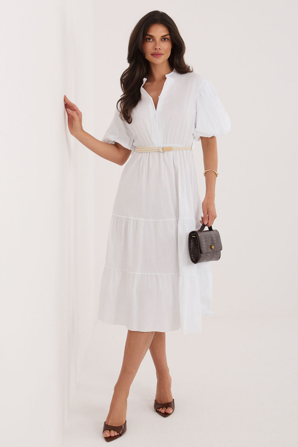 Italy Moda White Midi Flared Puff Sleeve Dress