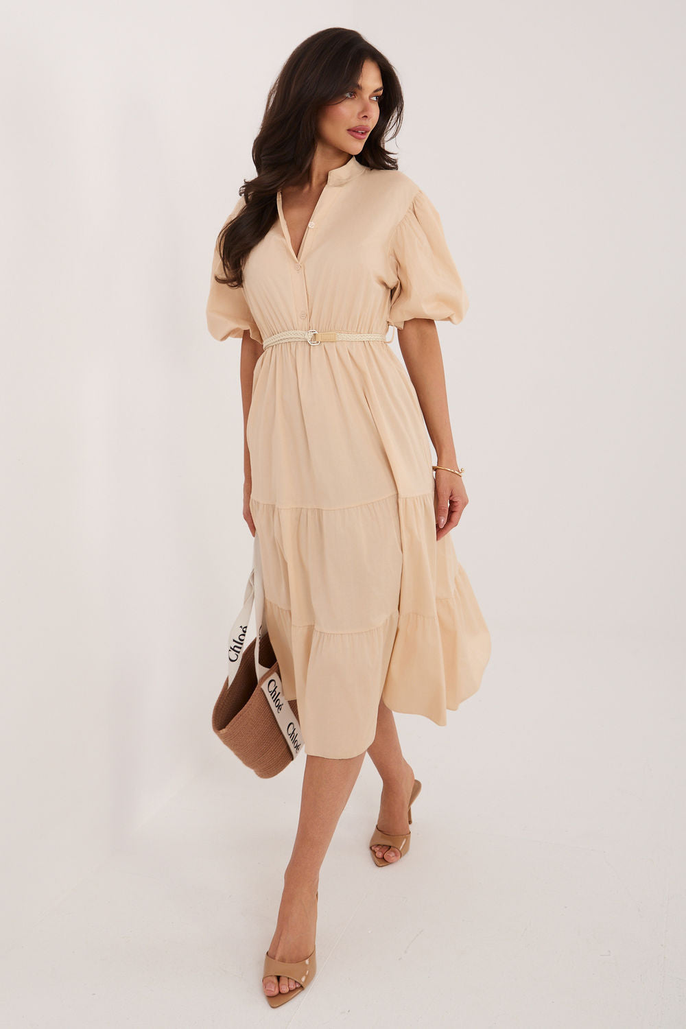Italy Moda Beige Midi Flared Puff Sleeve Dress
