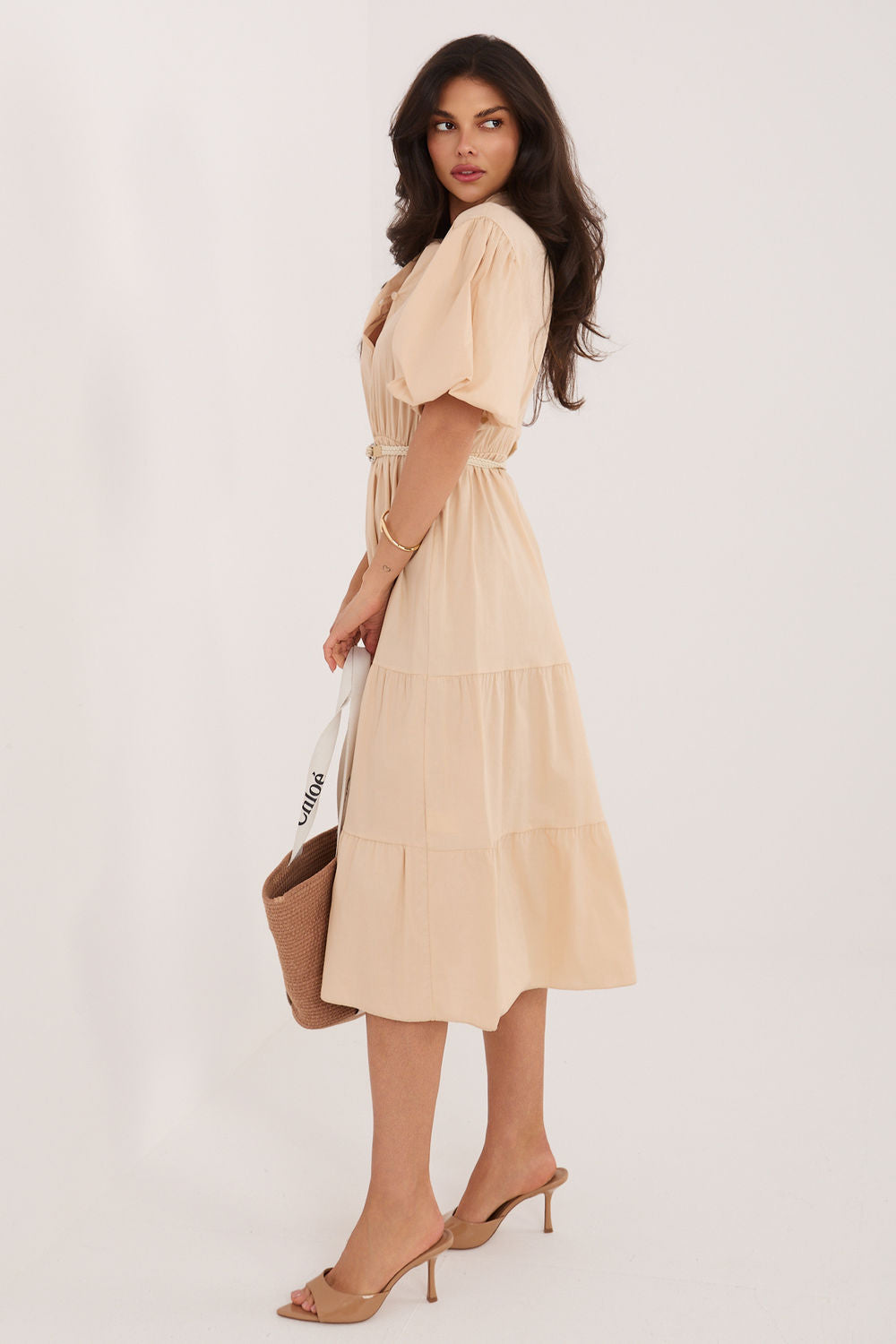 Italy Moda Beige Midi Flared Puff Sleeve Dress - view 2
