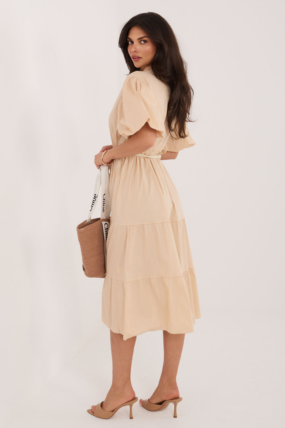 Italy Moda Beige Midi Flared Puff Sleeve Dress - view 3