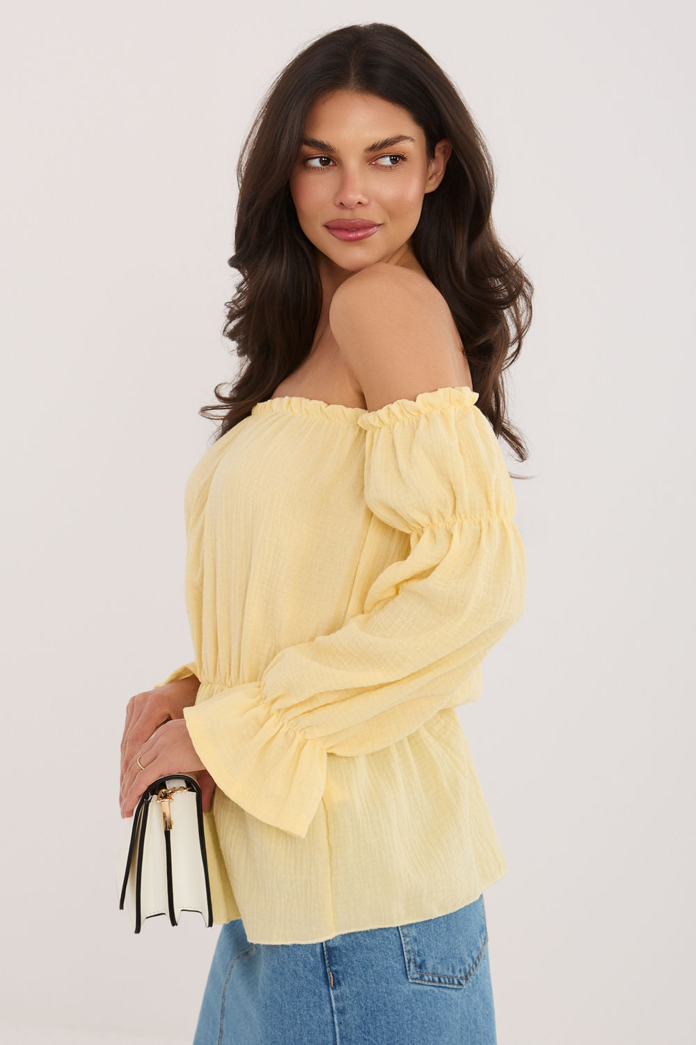 Italy Moda Light Yellow Off Shoulder Puff Sleeve Blouse - view 2