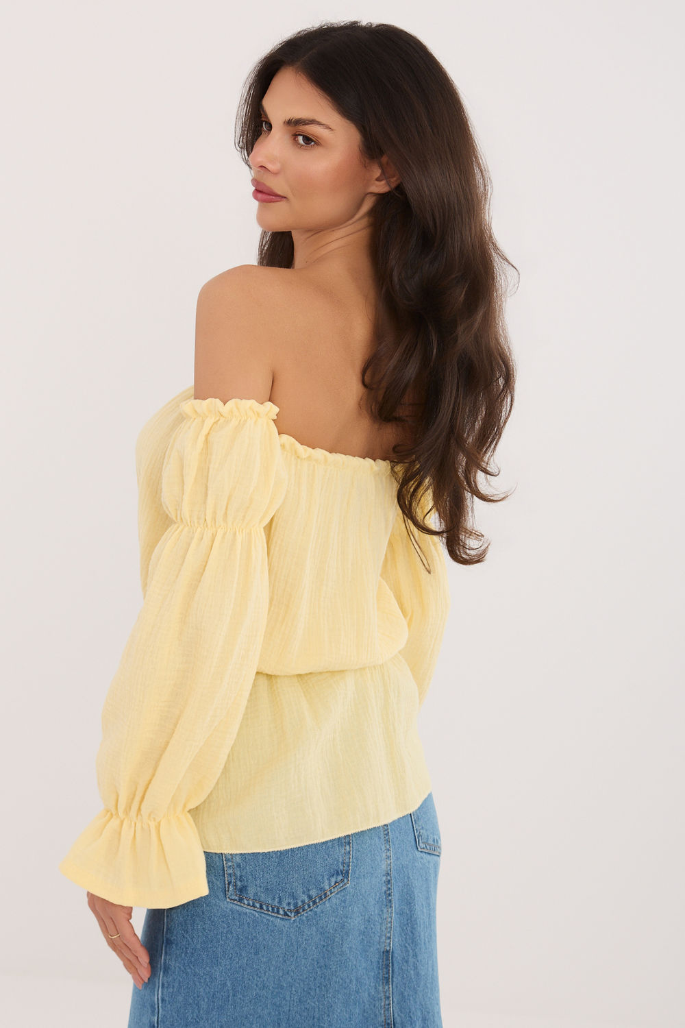 Italy Moda Light Yellow Off Shoulder Puff Sleeve Blouse - view 3