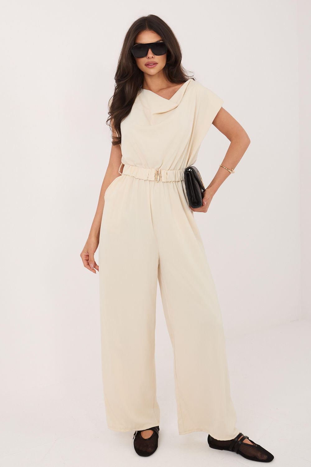 Italy Moda Light Beige Short Sleeve Jumpsuit