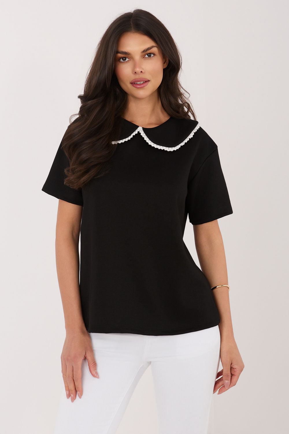 Italy Moda Black Collared Lace Short Sleeve Blouse