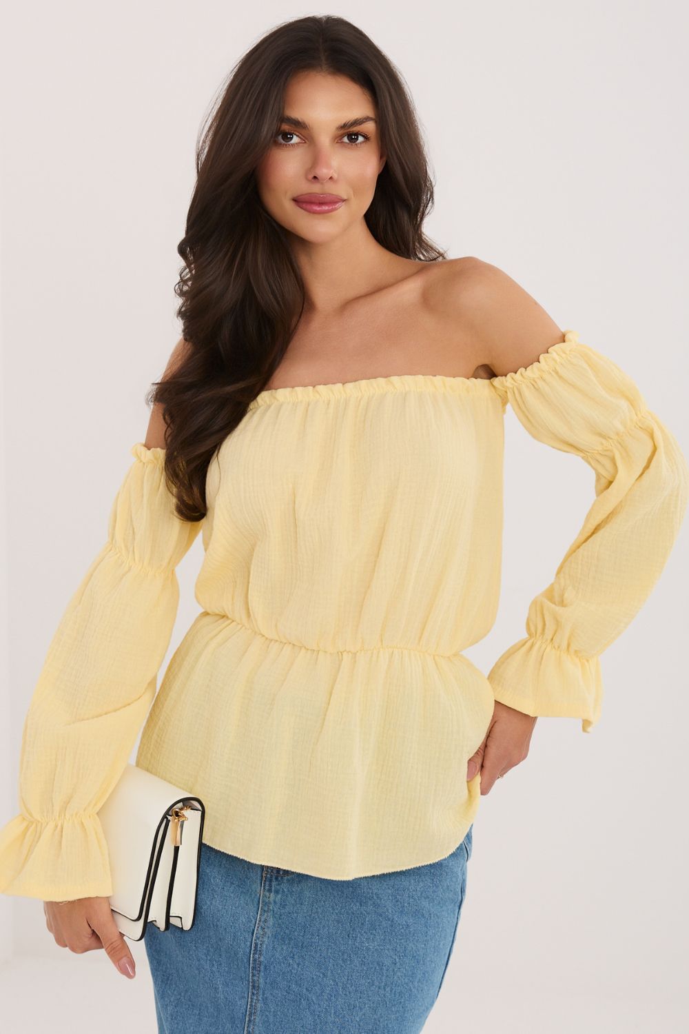 Italy Moda Light Yellow Off Shoulder Puff Sleeve Blouse - view 4