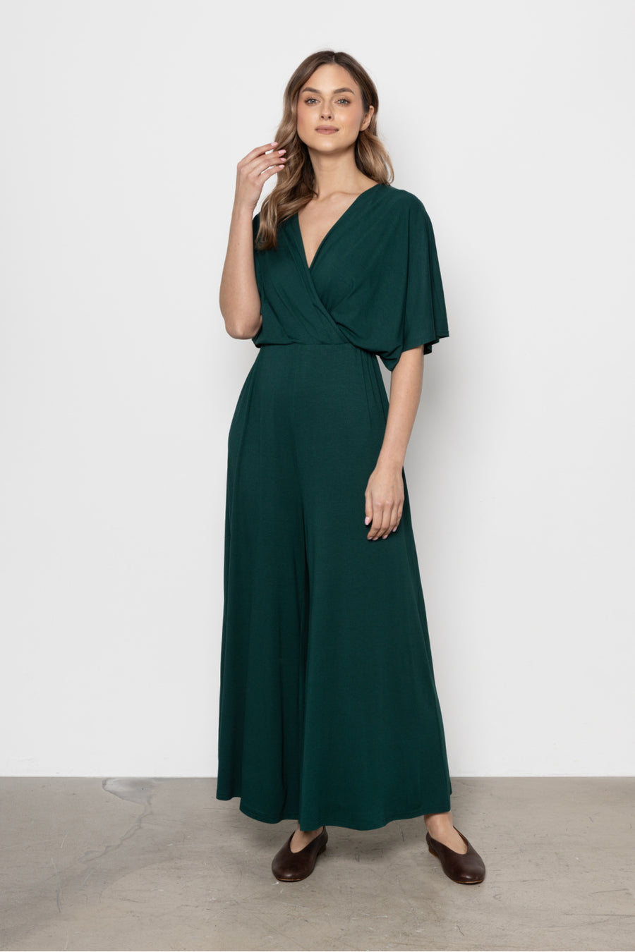 Awama Bottle Green Viscose Wrap Jumpsuit