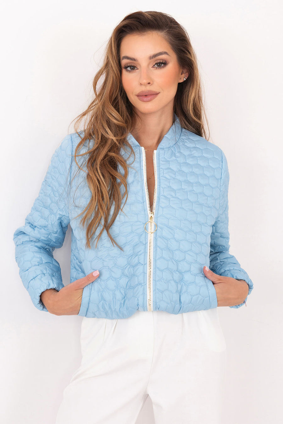 Factory Price Light Blue Stand Collar Zip Up Jacket