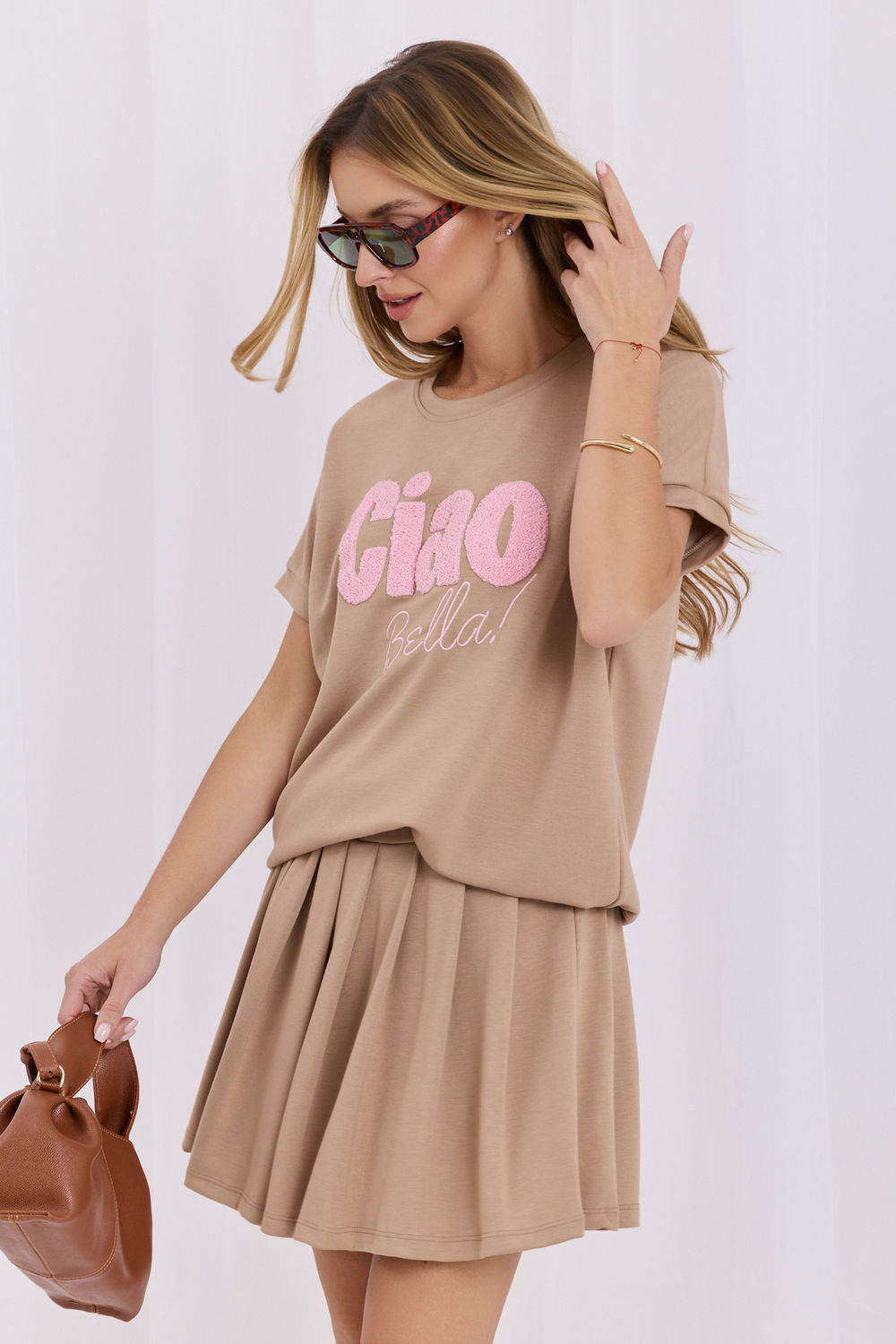 Relevance Dark Beige Pleated Skirt Co-Ord Set