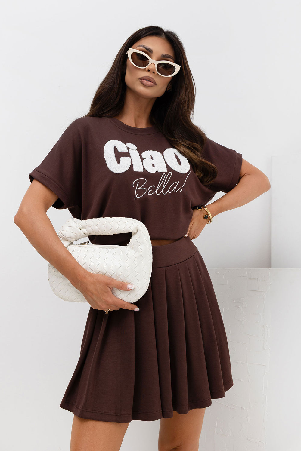 Relevance Dark Brown Pleated Short Sleeve Skirt Co-Ord Set
