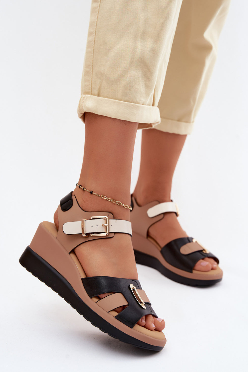 Step In Style Artiker Black Leather Wedge Sandals