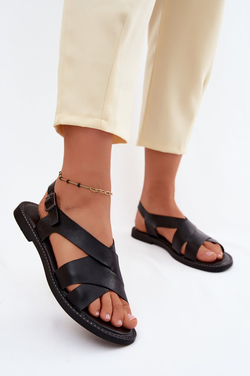 Step In Style Blinga Black Faux Leather Flat Sandals