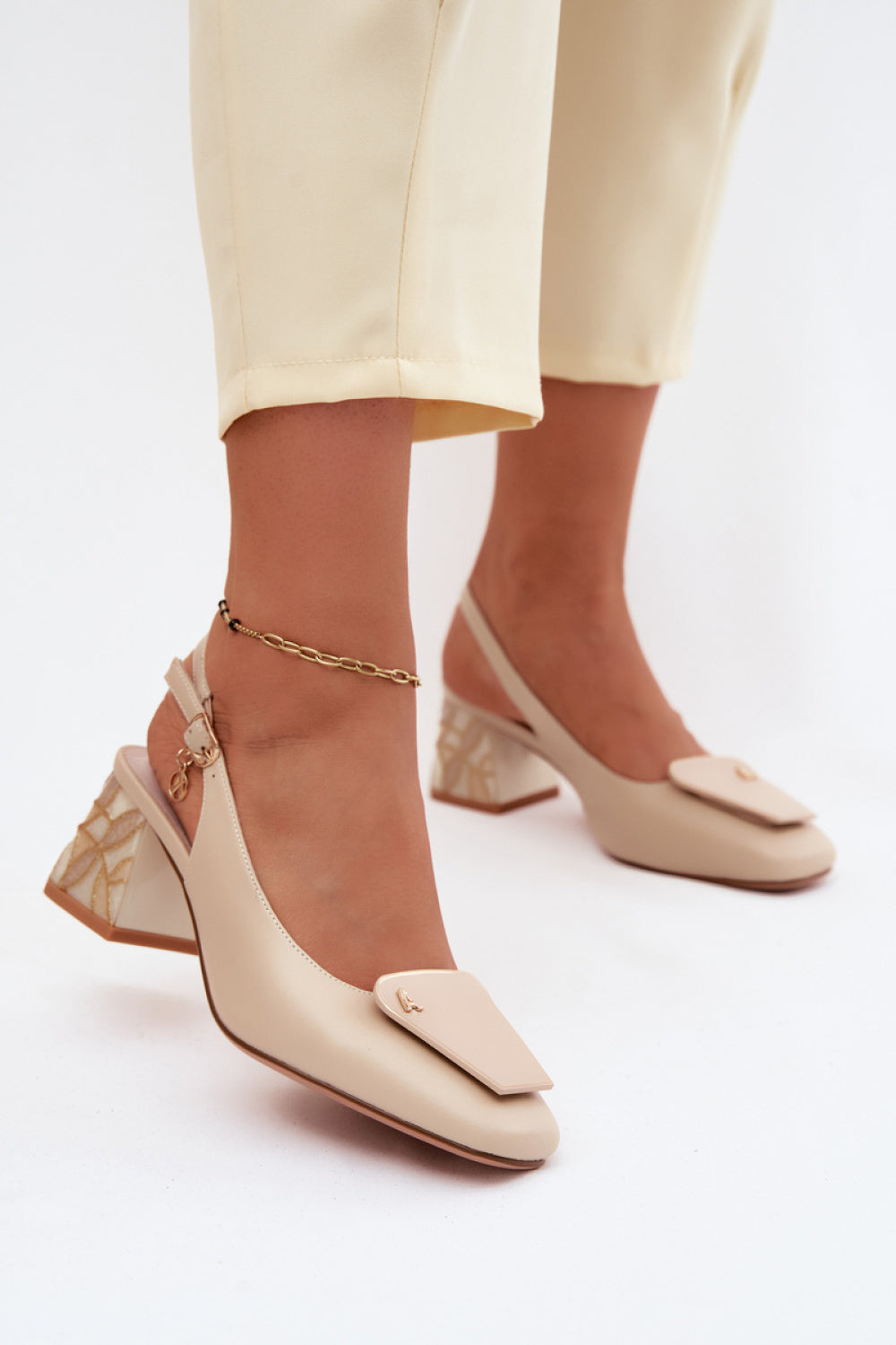 Step In Style Artiker Beige Leather Block Heel Court Shoes
