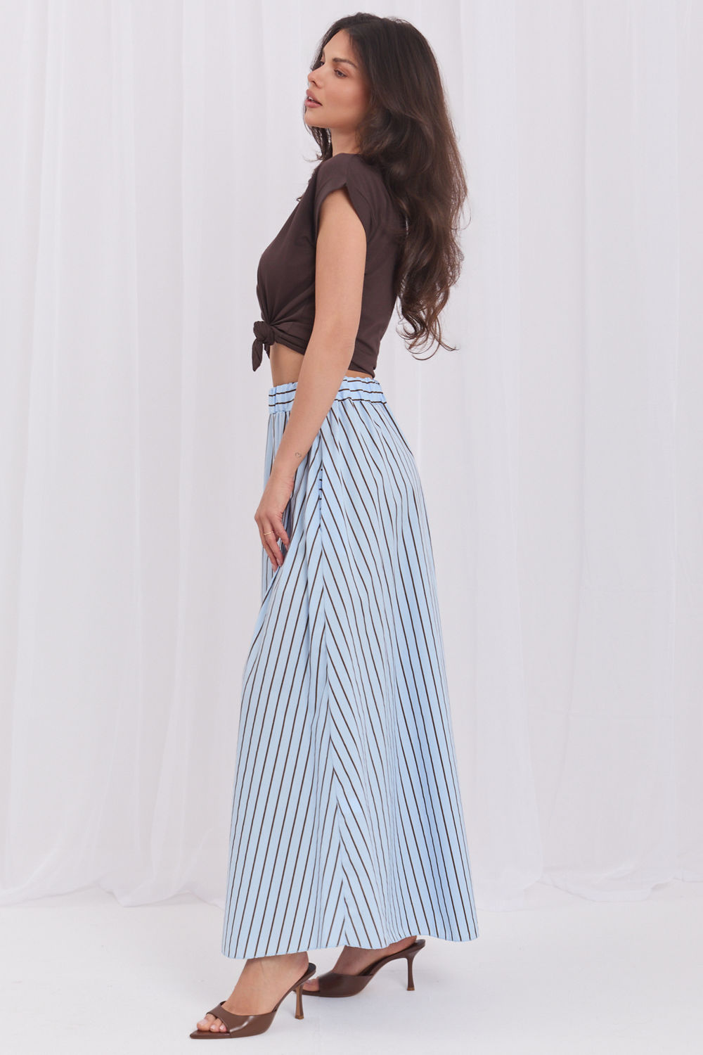 Italy Moda Light Blue Striped High Waisted Skirt - view 2