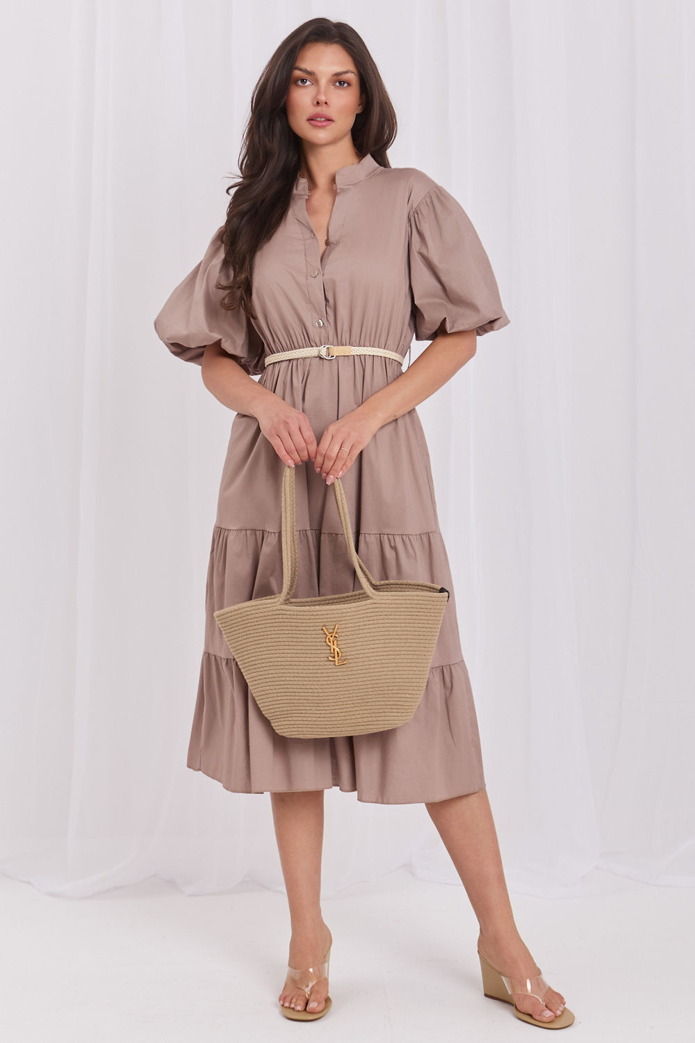 Italy Moda Brown Midi Flared Puff Sleeve Dress