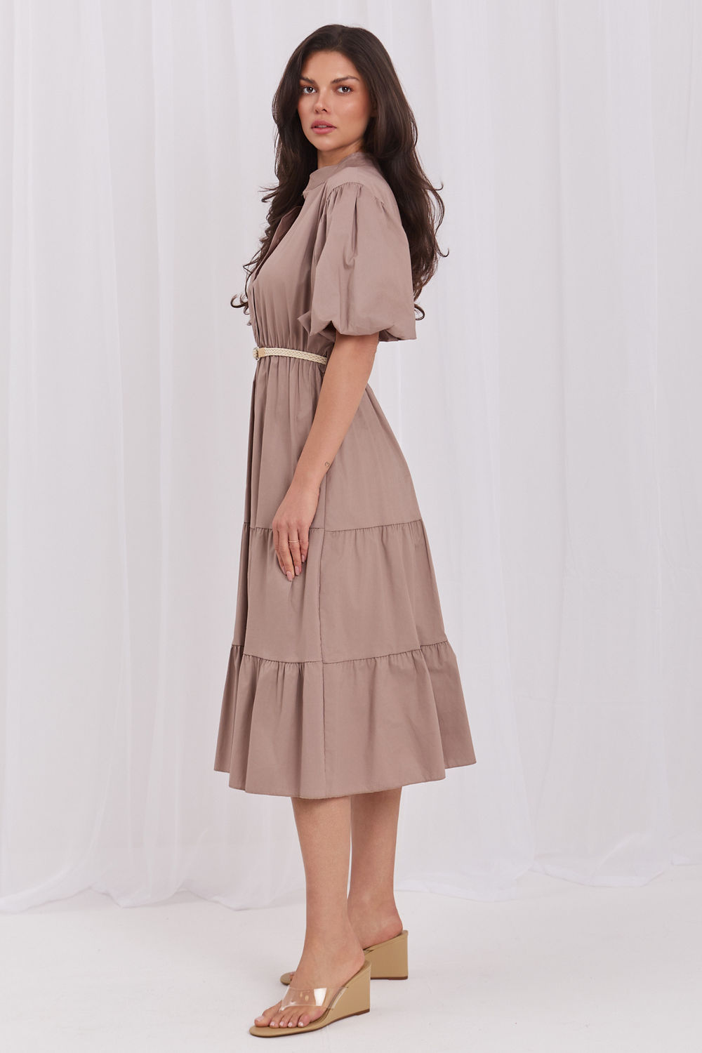 Italy Moda Brown Midi Flared Puff Sleeve Dress - view 2